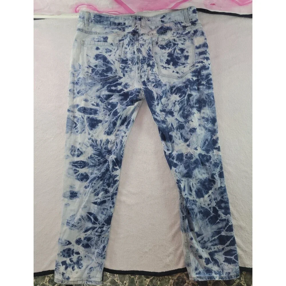 Shein Men's Tie Dye Cartoon Graphic Patched Jeans Blue Distressed Size 40
